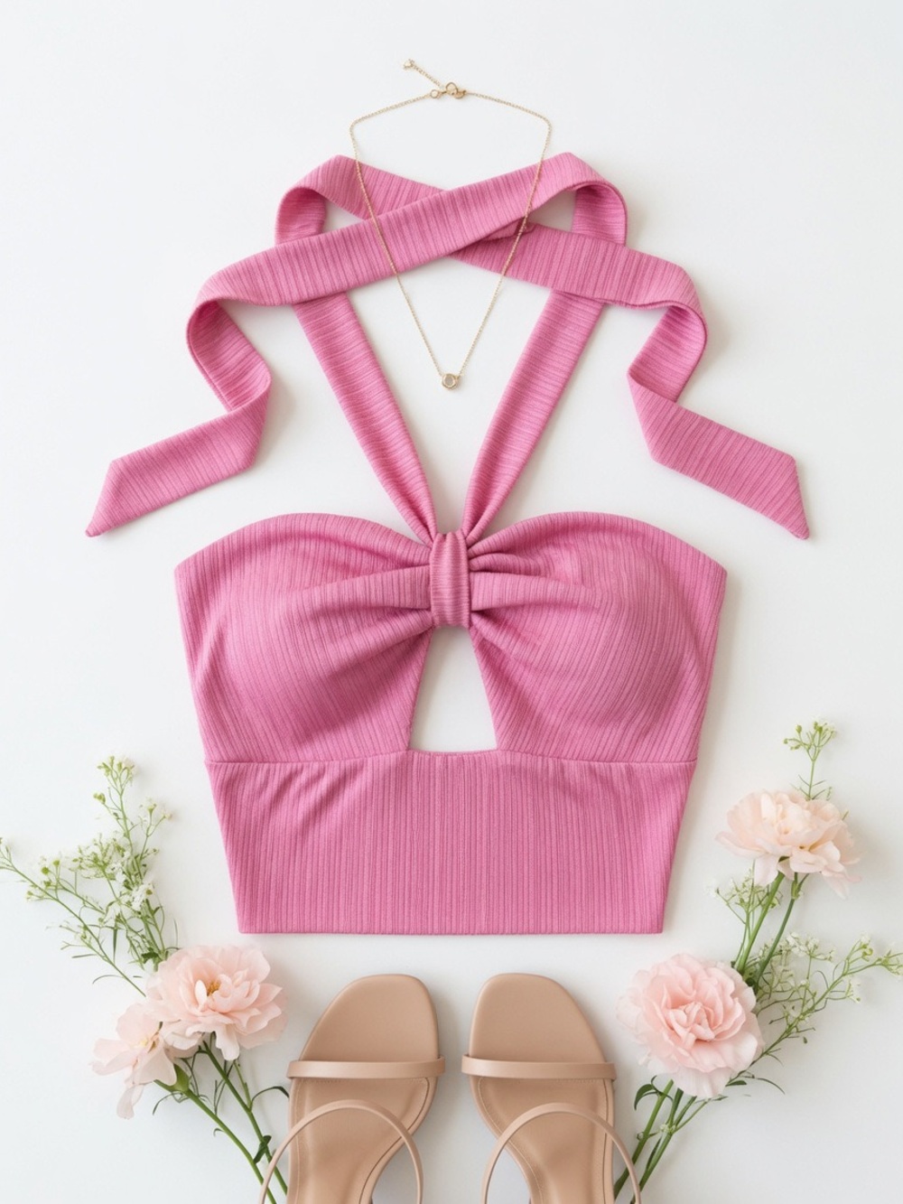 Le Lis Pink Ribbed Halter Tie-Front Crop Top